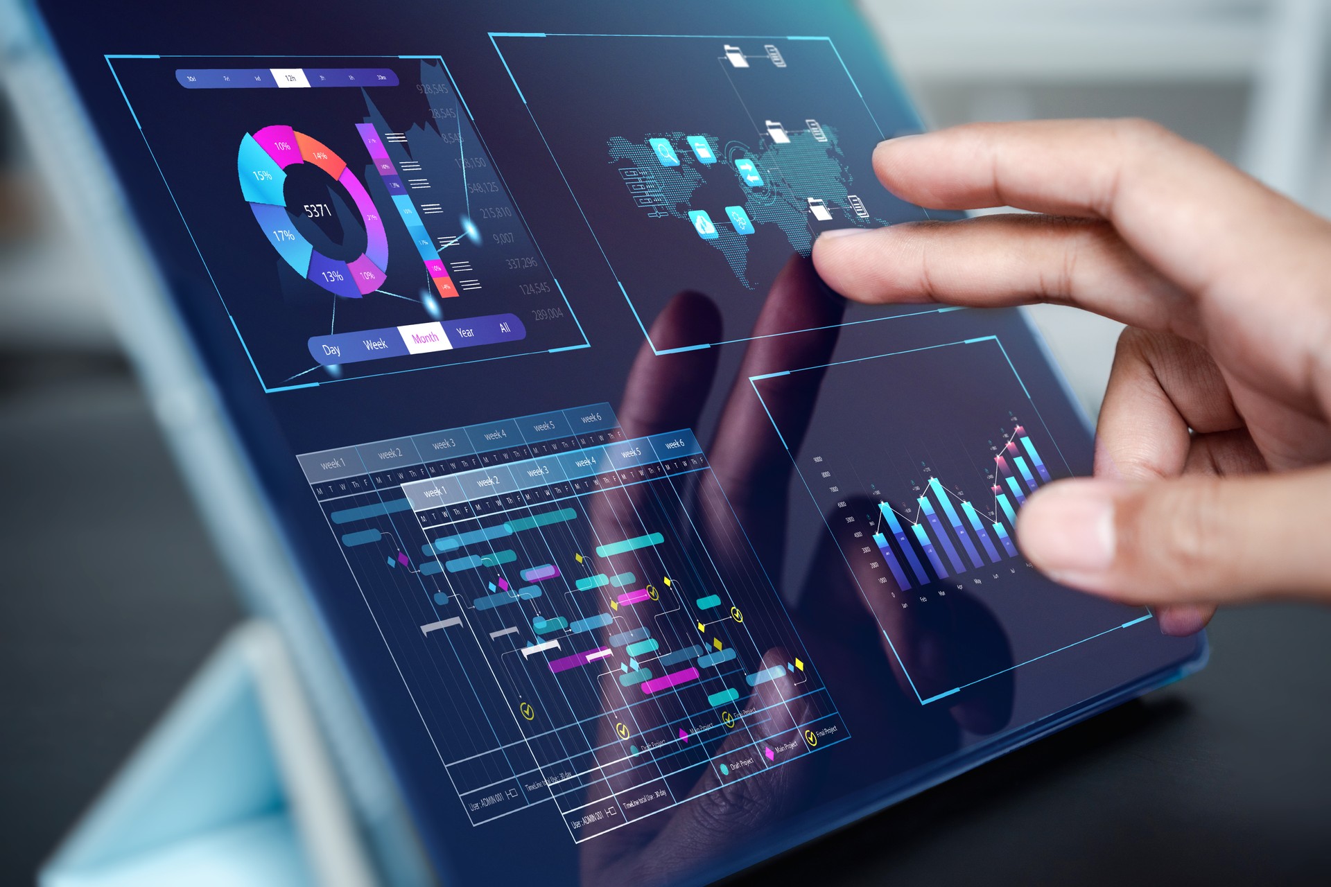 Analyst working with computer in Business Analytics and Data Management System to make report with KPI and metrics connected to database. Corporate strategy for finance, operations, sales, marketing.